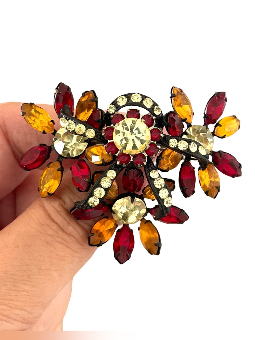 Vintage Mid-Century Autumnal Flower Cluster Rhinestone Brooch With Japanned Back